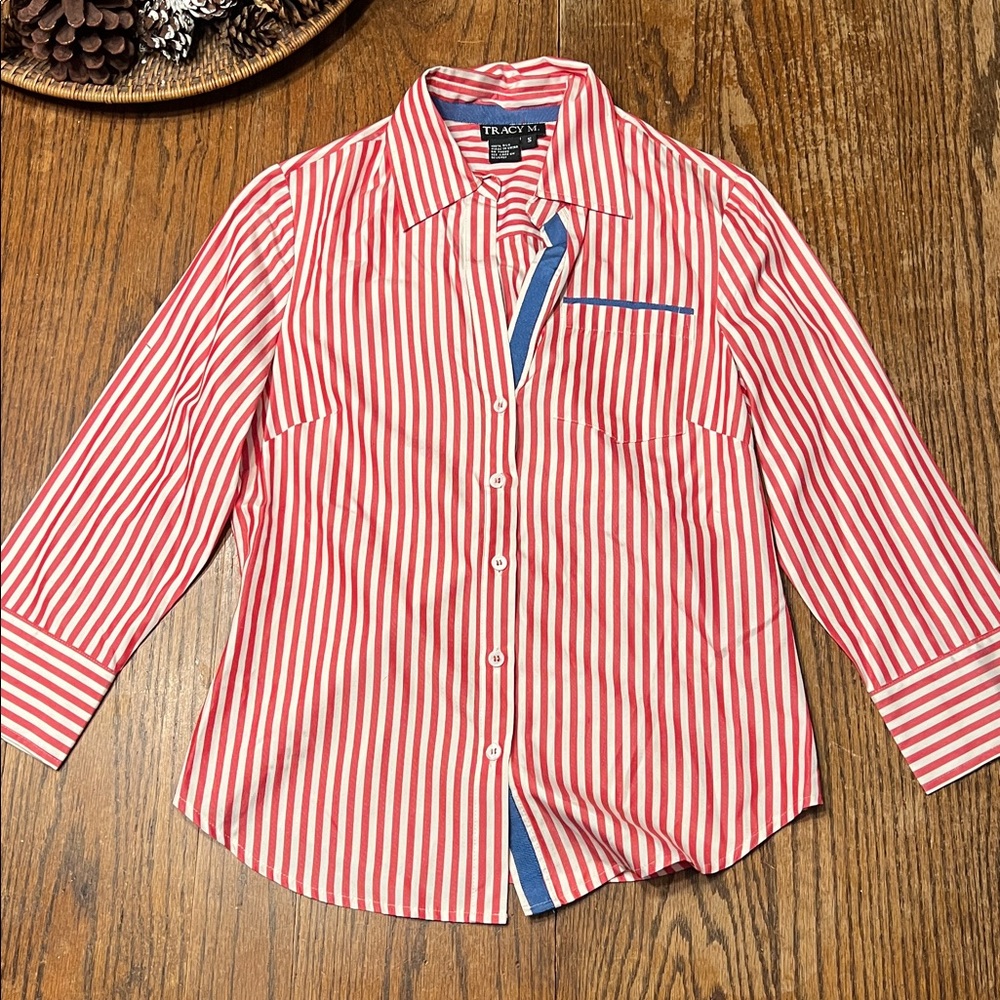 NWOT Tracy M 100% Silk Nautical Red and White Striped Blouse with Blue Accent
